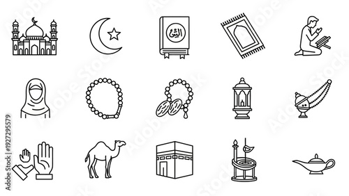 Collection of Islamic symbols and icons representing faith and culture in a minimalist line art style