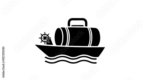 Vector illustration of black and white illustration of a barrel on a boat with a steering wheel on a transparent background