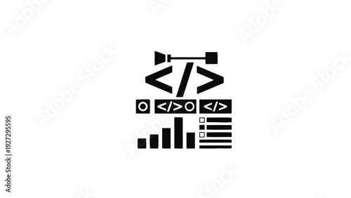 Vector illustration of coding symbols and bars icon in black color on a transparent background