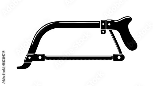 Vector illustration of black and white illustration of a handsaw with curved frame and handle on a transparent background