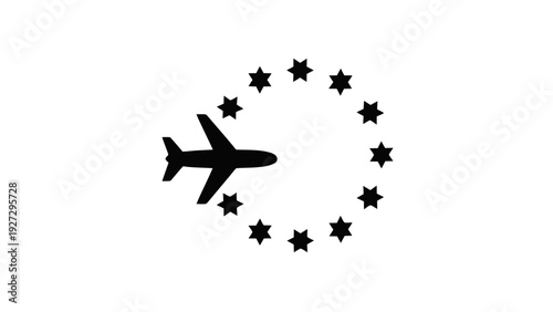 Vector illustration of airplane surrounded by stars in a circular formation on a transparent background
