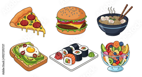 Assorted international cuisine including pizza, burgers, and sushi on a clean white background from a direct overhead view