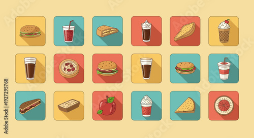 Assorted food and drink items arranged in a grid pattern on a solid background
