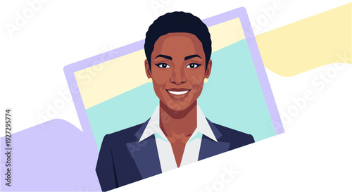 Professional African American businesswoman illustration, showcasing a confident and friendly corporate leader in a modern, clean design.