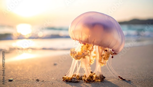 Jellyfish glows softly on warm sand near the water's edge during sunset, bathing in golden light