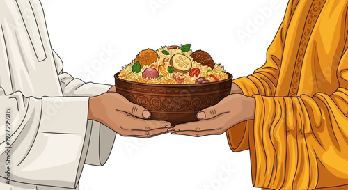 Hands holding a bowl of food with various dishes and ingredients