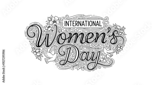International Women's Day calligraphy with floral doodles and birds in black and white vector style