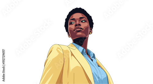 A determined and confident African American businesswoman in a stylish yellow blazer looks towards a bright future, embodying success and leadership.