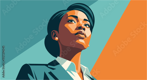 Powerful vector illustration of a determined Black businesswoman looking upwards, symbolizing ambition, leadership, and success in a modern corporate world.