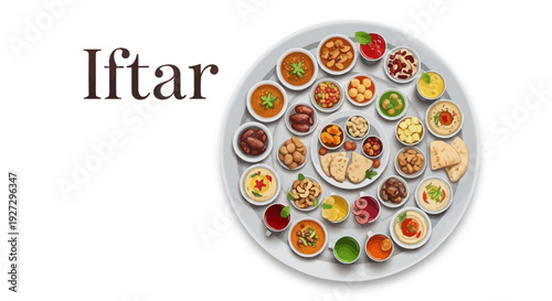 Assortment of traditional dishes served during Iftar on a circular plate viewed from above