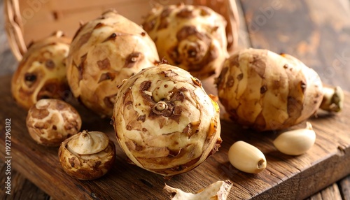 Jerusalem artichokes presented on a wooden board alongside garlic cloves and a basket background, close-up