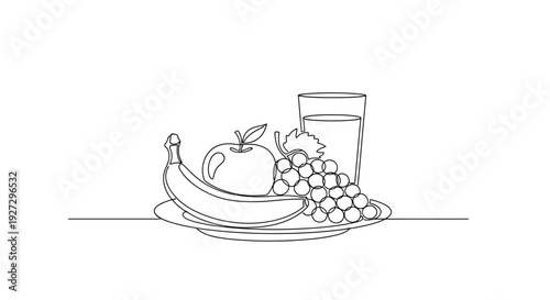 A simple line drawing of various fruits and a glass on a plate from a straight-on viewpoint