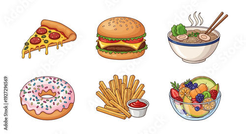 Assorted Fast Food Items Including Pizza, Burger, Noodles, Donut, Fries, and Fruit Salad on a White Background from a Top-View Perspective