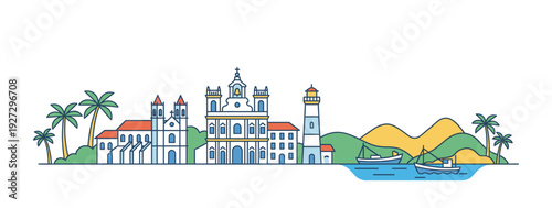 Goa skyline vector colorful flat line art illustration featuring historic cathedral, coastal lighthouse, scenic mountains, traditional fishing boats, and tropical beach palm trees.