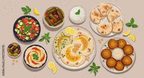 Assorted Middle Eastern cuisine delicacies displayed on multiple plates and bowls, showcasing variety, culinary delights, flat lay, food, feast