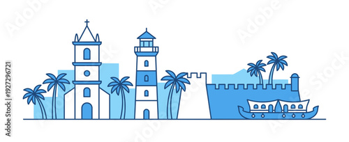 Goa skyline vector blue outline design featuring historic cathedral, coastal lighthouse, ancient fort walls, tropical palm trees, and traditional boat for Indian tourism promotion.
