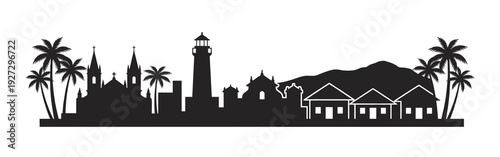 Goa skyline vector black silhouette illustration featuring famous basilica church, coastal lighthouse, tropical palm trees, traditional houses, and scenic mountain landscape.