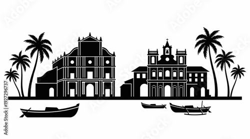 Goa skyline vector black silhouette illustration featuring historic basilica cathedral churches, tropical palm trees, and traditional fishing boats on water for Indian travel design.