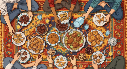 Group of people gathered around a vibrant rug, sharing a variety of dishes and drinks in a festive atmosphere from a top-down viewpoint