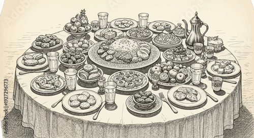 A lavish feast displayed on a round dining table with various dishes and glasses from an overhead viewpoint.