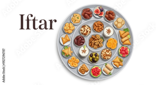 Assorted dishes arranged on a platter for Iftar, a variety of food items, table setting, meal preparation, cultural celebration
