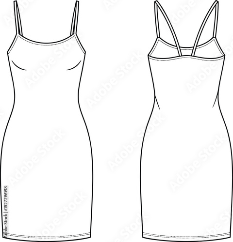 Front and back view of women bodycon slip dress outline, sleeveless spaghetti strap fitted midi dress technical fashion vector template