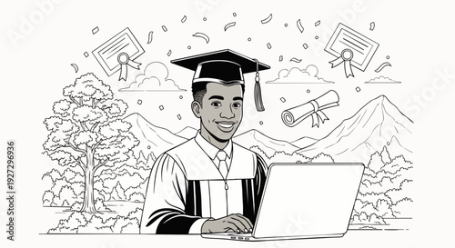 Smiling young man in graduation cap and gown uses laptop for online learning, celebrating academic success with diplomas, confetti, and nature.