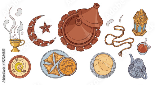 Assorted traditional Turkish symbols, delicacies, and decorations on display, showcasing cultural heritage and festive elements in a flat illustration style.