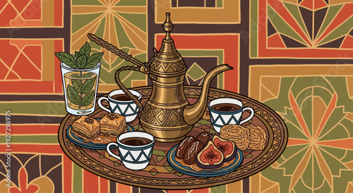 Traditional Arabic coffee setup on a decorative tray with teapot, cups, and snacks displayed on a patterned background