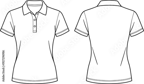 Front and back view of women polo shirt outline, short sleeve collared t shirt technical fashion vector template design