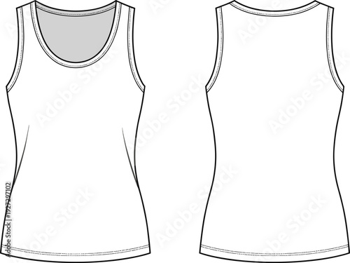 Front and back view technical fashion flat sketch of basic sleeveless tank top with round neckline and fitted silhouette