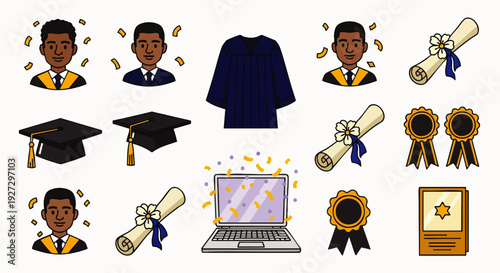 Icons of African American male graduates celebrating academic success with diplomas, caps, gowns, and awards, symbolizing educational achievement and bright futures.
