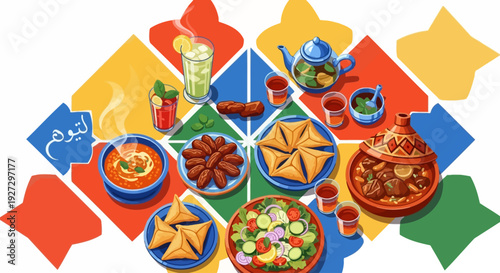 Vibrant cultural feast illustration featuring traditional dishes arranged on colorful tiles from an overhead viewpoint