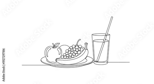 A simple still life drawing of fresh fruits and a refreshing drink on a clean table surface viewed from directly above