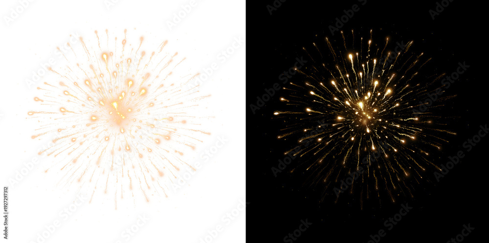 Obraz premium Gold Fireworks Splash Burst with Glowing Droplets, Transparent and Black Background Versions