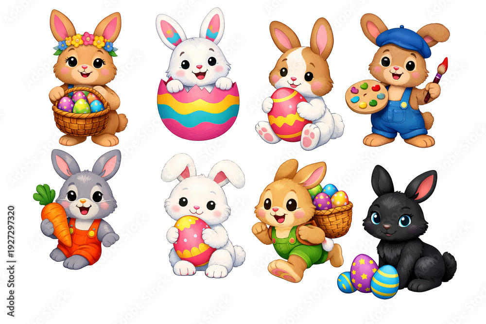 Fototapeta premium Png set of cute easter bunnies with eggs, carrots, and artistic accessories isolated on transparent background. concept of spring holiday, festive decor, and playful animal characters.