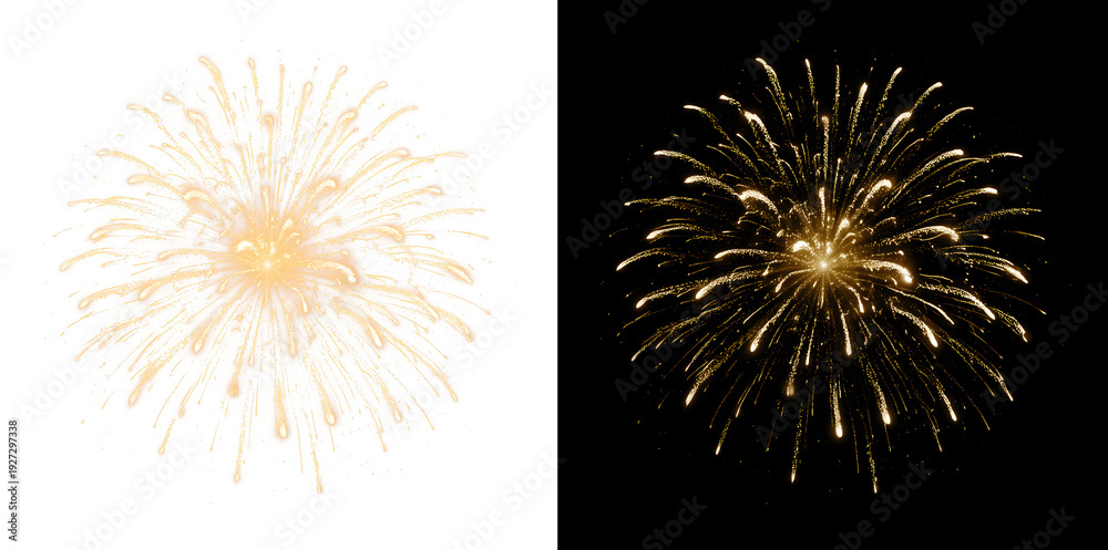 Obraz premium Golden Fireworks Burst with Spark Trails, Transparent and Black Background Versions