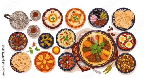 Assorted international cuisine on display with various dishes, plates, and utensils arranged on a white surface