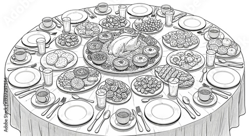 A lavishly set round dining table with various dishes and cutlery from an overhead viewpoint