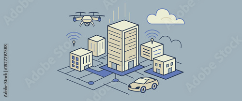 Isometric vector illustration showcasing a futuristic smart city with integrated urban technology. Perfect for representing future urban development, technological innovation and intelligent systems.