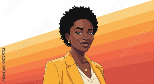A confident African American woman with a vibrant yellow blazer and natural curly hair smiles warmly against a gradient background.