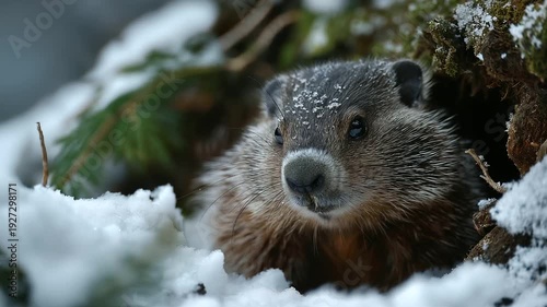 Curious groundhog emerging from snow, whiskers flecked with winter's touch, wildlife in winter scene, animal emerging from burrow, rodent in snowy landscape, defocused snow