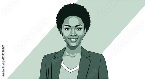 A confident and stylish African American businesswoman with natural hair smiles warmly, depicted in a modern, minimalist vector illustration.