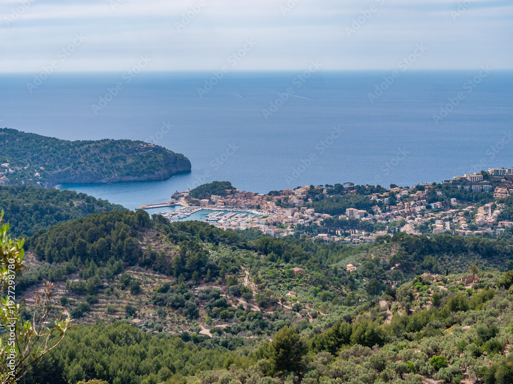 Obraz premium Elevated panoramic perspective reveals Port de Soller's picturesque harbor nestled between forested hills and Mediterranean waters in this travel-worthy Balearic Islands landscape.