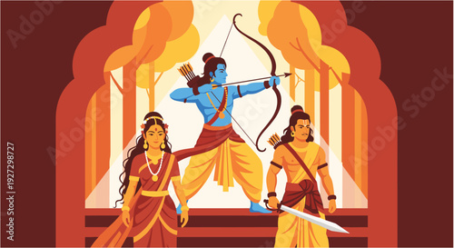 Vibrant illustration depicting the Hindu deities Rama, Sita, and Lakshmana, with Rama poised with a bow and arrow, symbolizing strength and devotion.