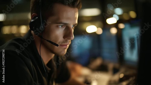 Focused emergency operator dispatching aid, unsung hero in headset, emergency response work, 911 call center scene, crisis communication moment, faceless operator working,