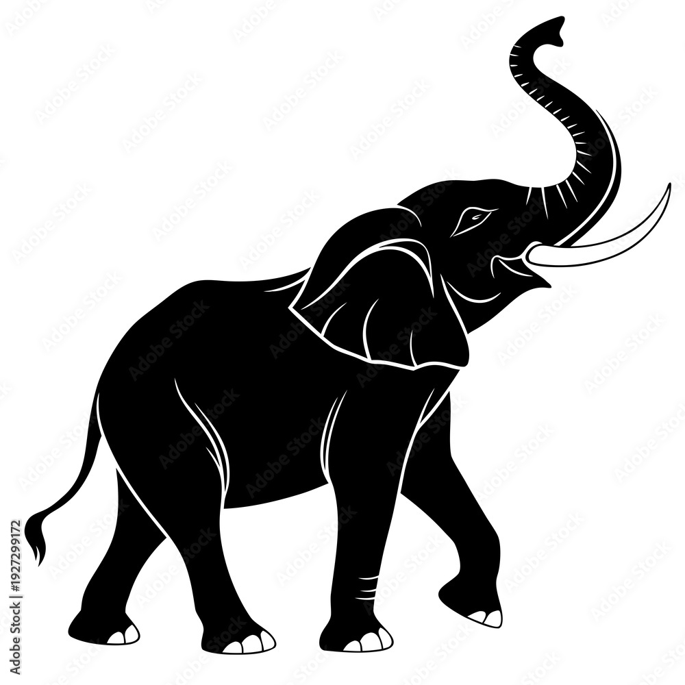 Obraz premium Elegant black silhouette of an elephant in motion, trunk raised, showcasing its imposing form and tusks. Evokes themes of grandeur and natural power, isolated on a clean white background.