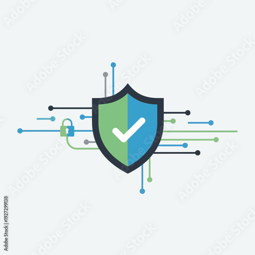 Secure shield with checkmark surrounded by digital connections