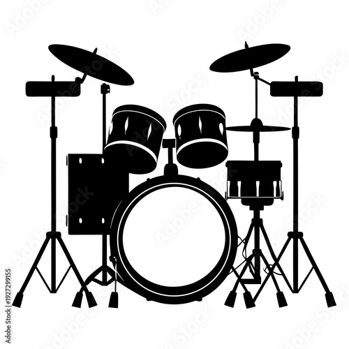 Minimalist black silhouette of a drum set including bass drum, snare, toms, and cymbals on a clean white background. Ideal for music education, genres like pop or funk, and creative projects.