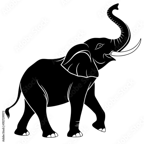 Elegant black silhouette of an elephant in motion, trunk raised, showcasing its imposing form and tusks. Evokes themes of grandeur and natural power, isolated on a clean white background.